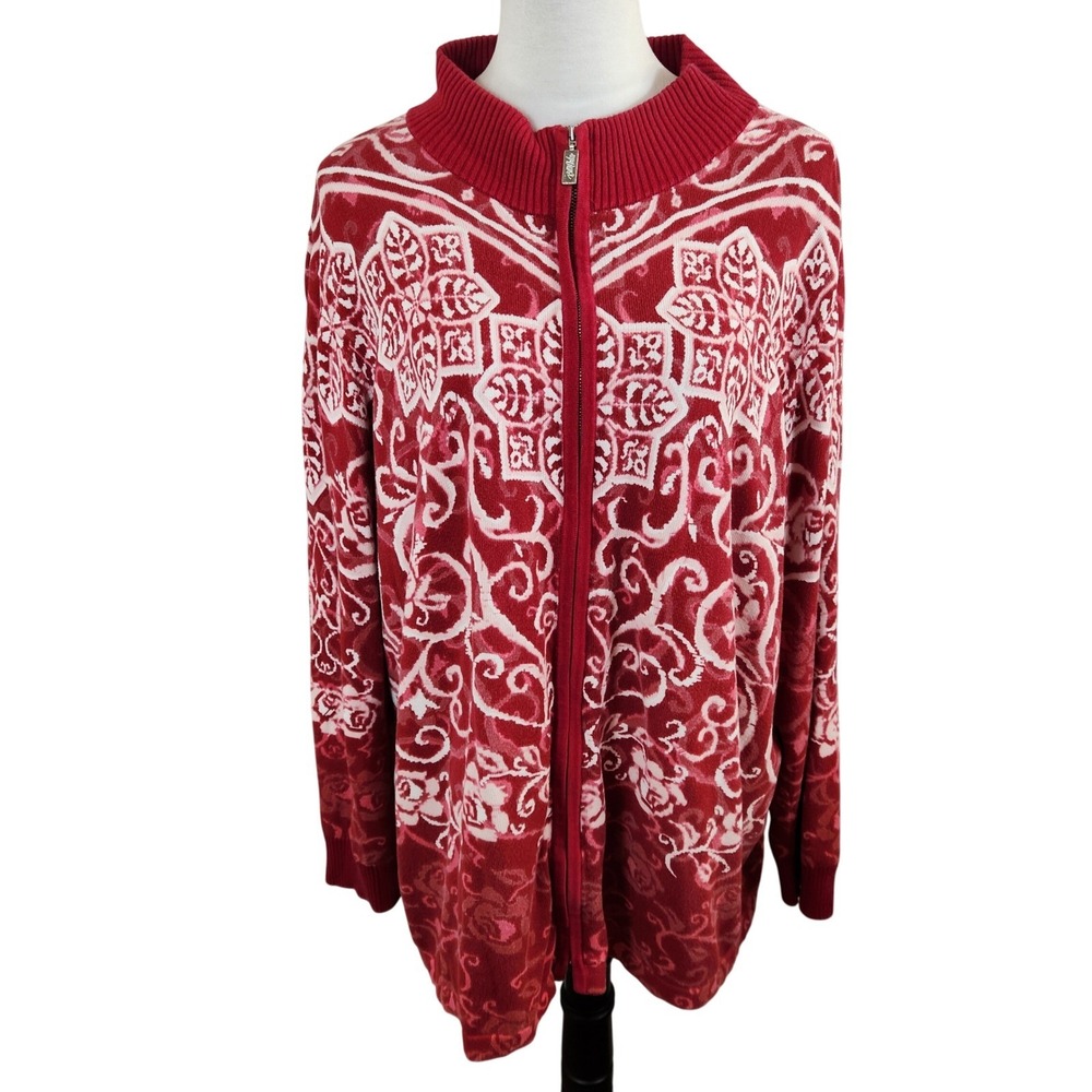 Bob Mackie Wearable Art Womens 3X Full Zip‎ Cardigan Sweater Red Floral Pattern